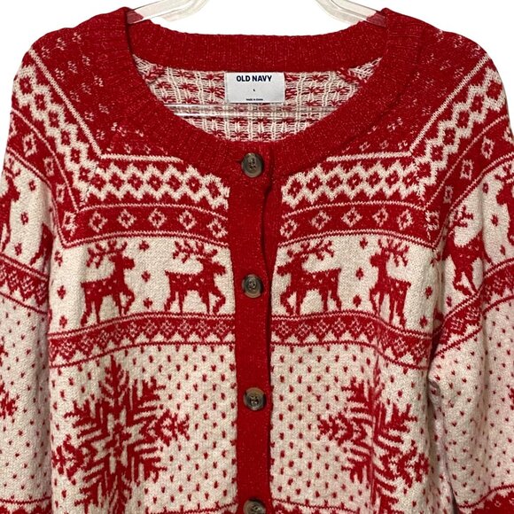 Old Navy Fair Isle Button Front Cardigan Sweater Womens L Red Apres Ski Holiday - Picture 2 of 7